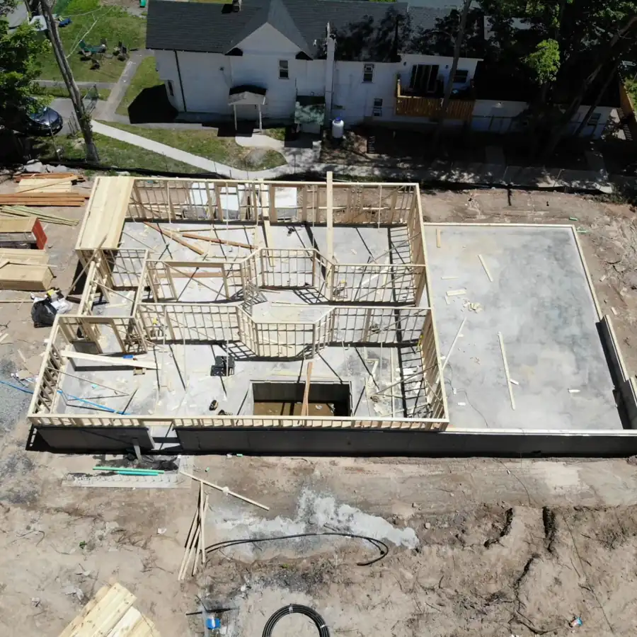 Aerial view of first-floor walls going up