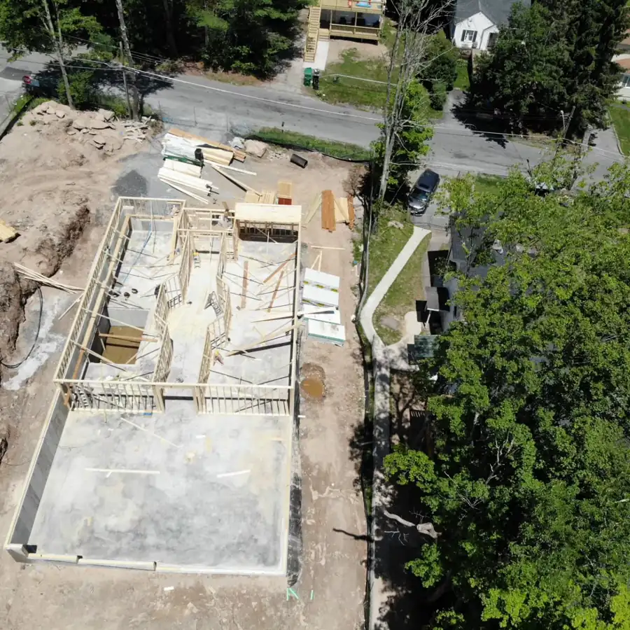 Wall framing on the slab, aerial view